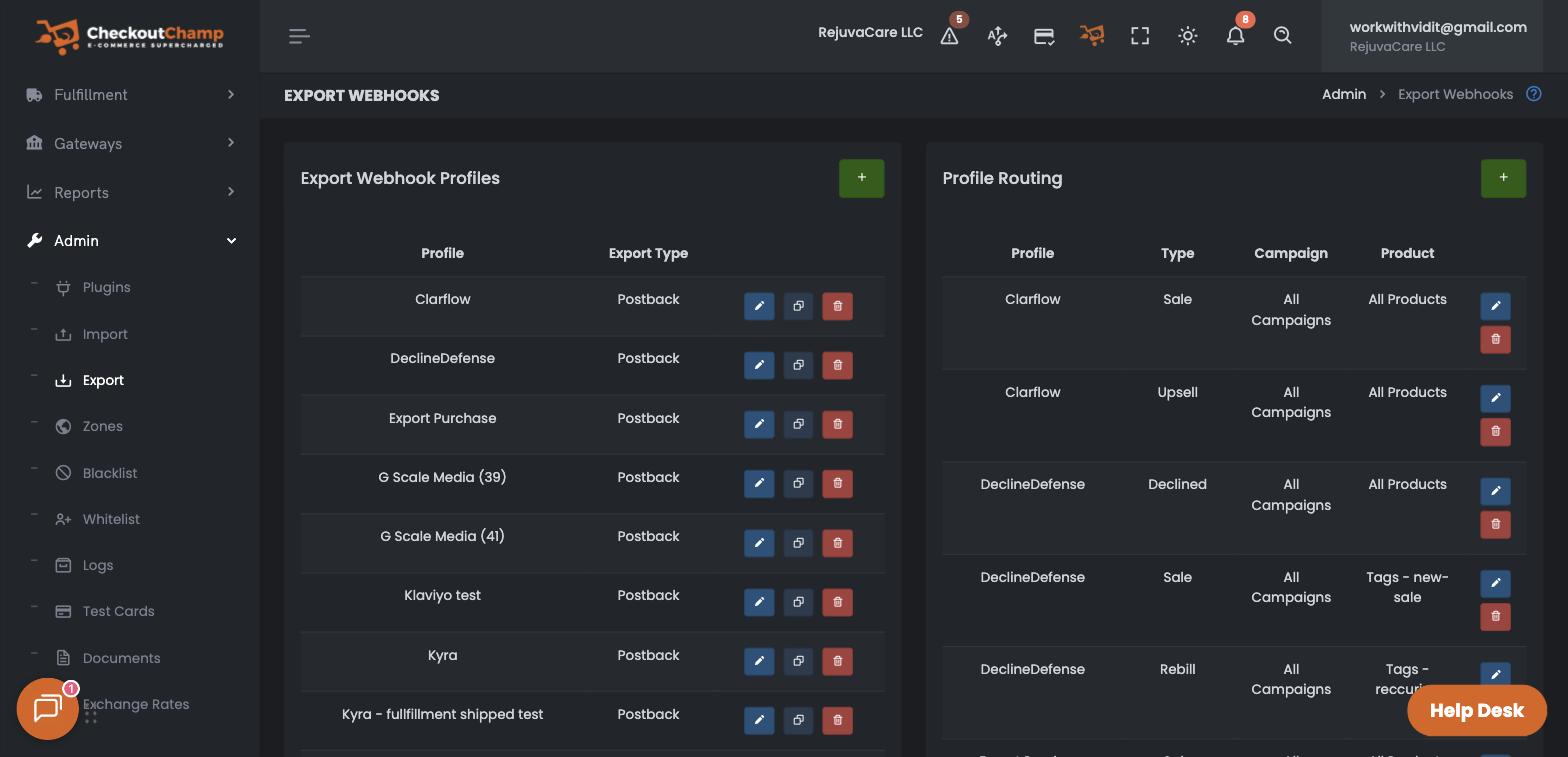 The Export Webhooks screen, with the Export Webhook Profiles and Profile Routing panels side by side