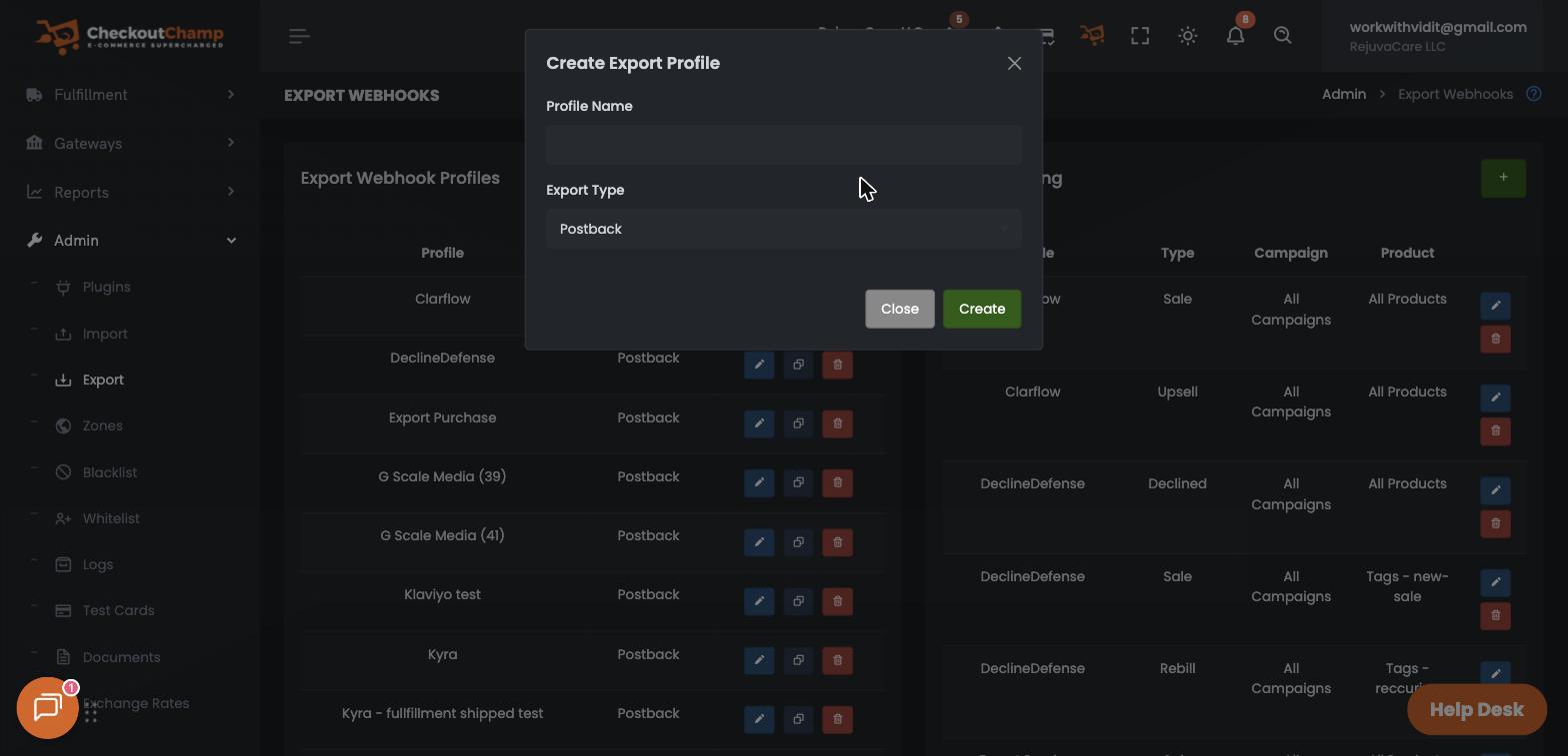 The Create Export Profile modal with Export Type set to Postback