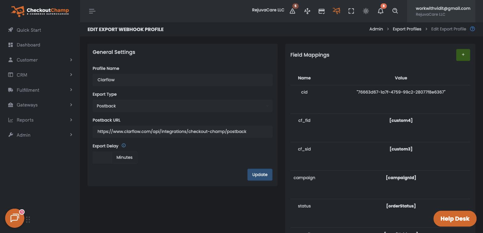 The profile's General Settings with the Postback URL pasted in, and no query string