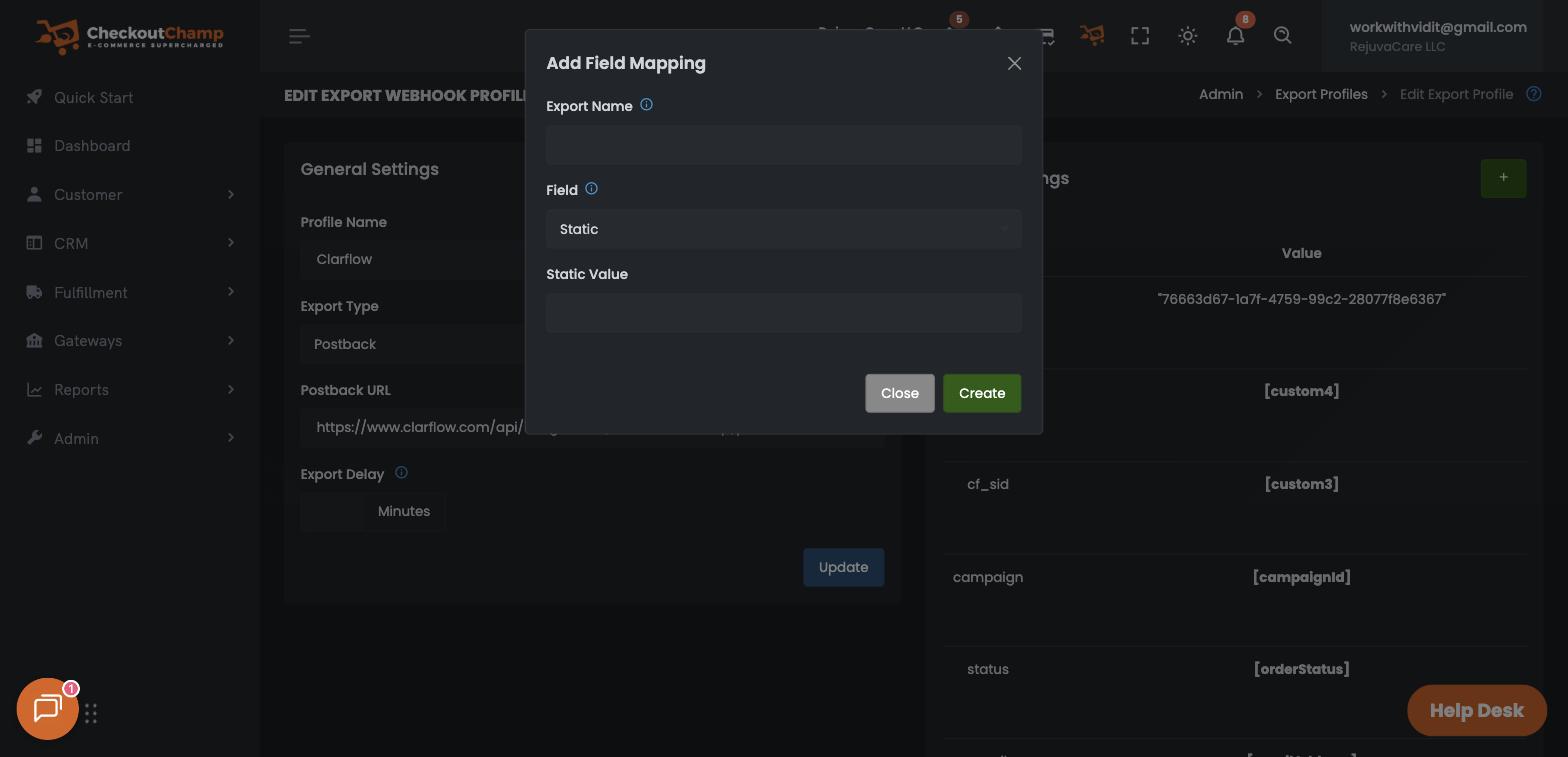 The Add Field Mapping modal with Field left on Static and the Static Value box showing