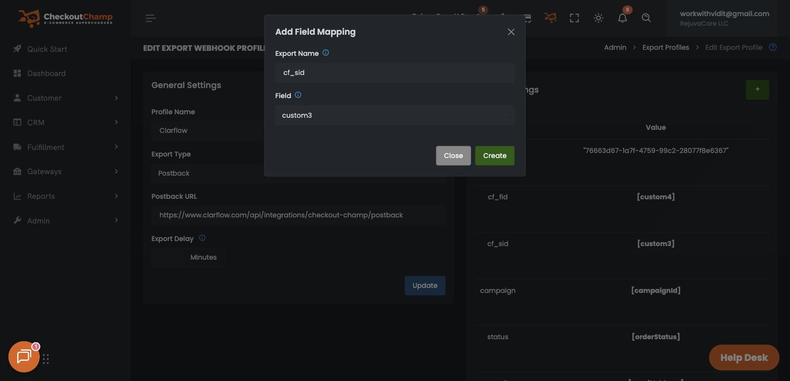 The Add Field Mapping modal with cf_sid mapped to the custom3 field — the Static Value box is gone
