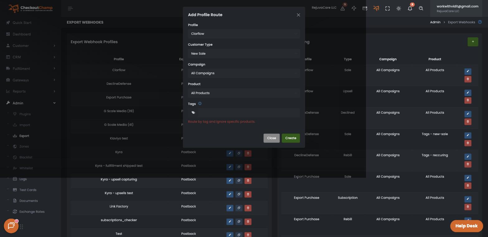 The Add Profile Route modal set to New Sale, All Campaigns, All Products