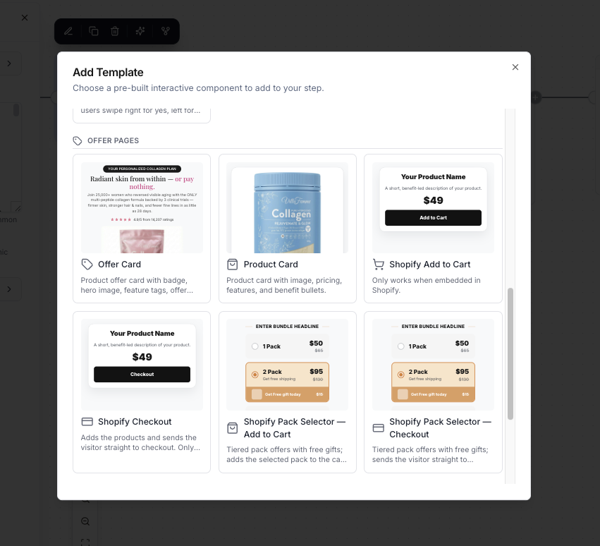 The Shopify blocks in the Add Template modal, under Offer Pages