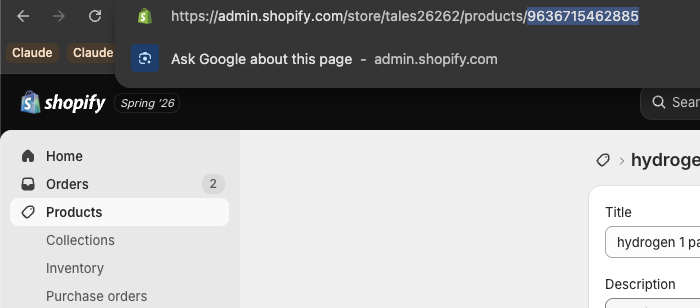The number in a Shopify admin product URL is the product ID, not a variant ID